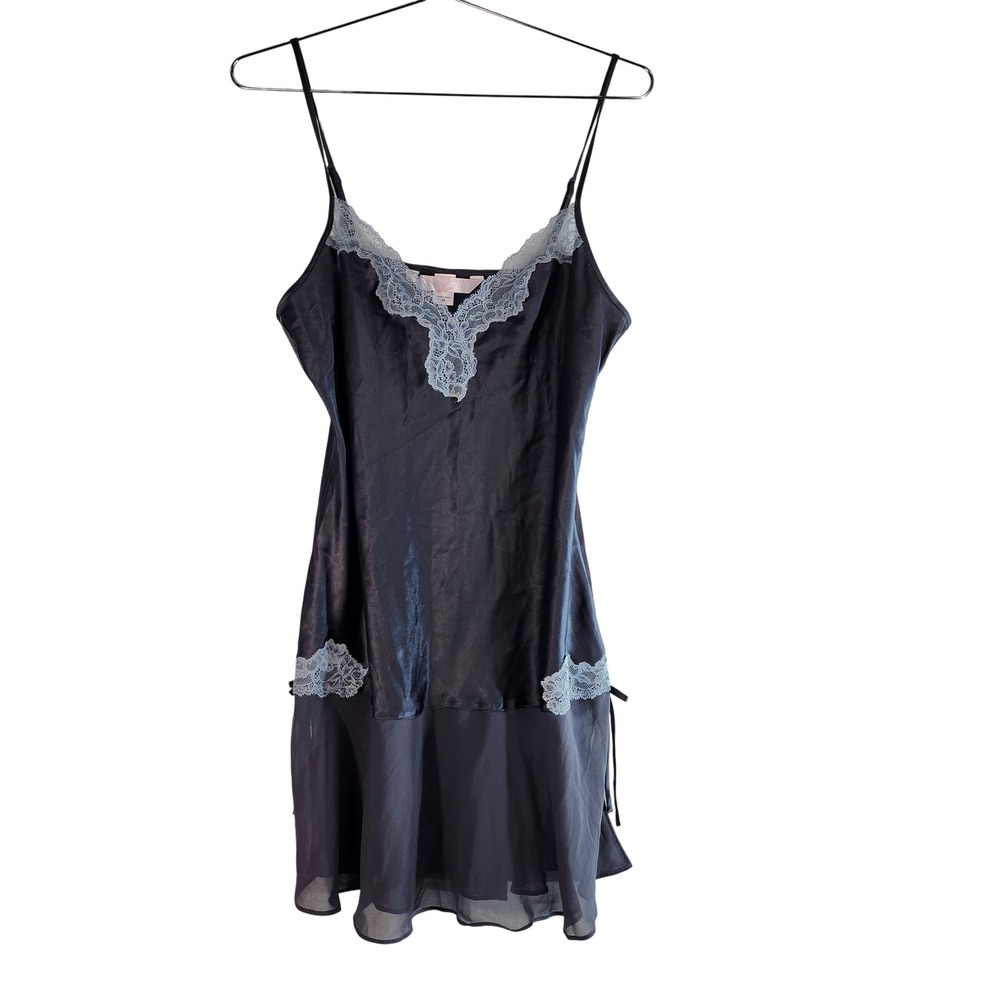 Victoria's Secret Slip Dress Womens Medium Navy Blue Lace Satin Lingerie Nightie